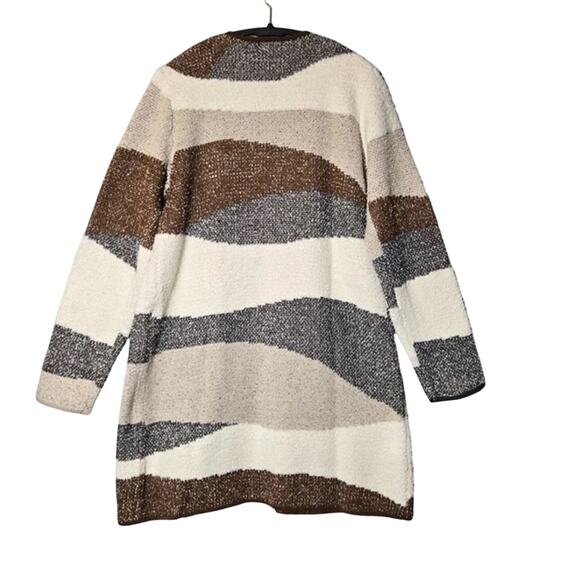 FORTUNE + IVY LONG‎ OPEN FRONT SOFT CARDIGAN BROWN MULTI STRIPED POCKETS L NWOT - Picture 3 of 8